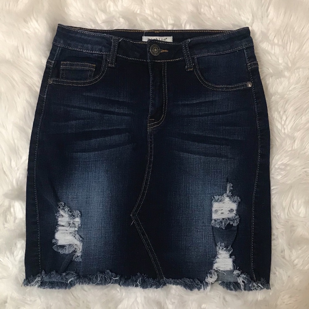 Machine Distressed Denim Skirt